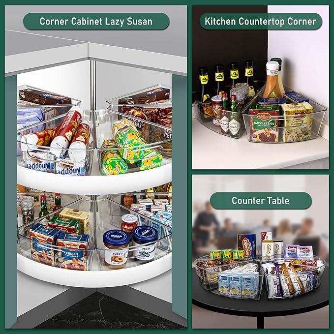 Lazy Susan Cabinet Organizer Bins for 26"/ 28"/ 32" Diameter Corner Organizer, Plastic Cabinet Storage Bin, 1/8 Wedge - Food Safe, BPA Free, with Non-Slip Pads (for 26" Diameter, 6 Pack)
