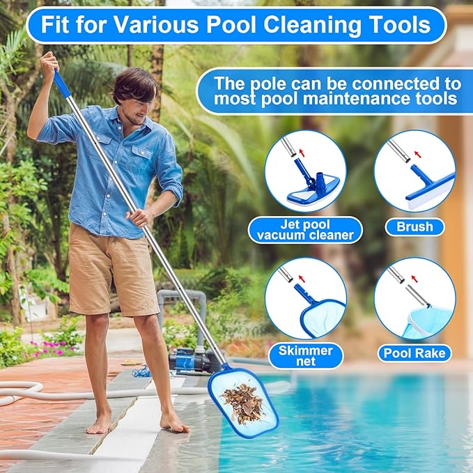 Tioncy 5 Pcs Pool Vacuum Cleaning Kit Includes Round Corner Pool Vacuum, 2 Skimmer Nets with 47" Adjustable Pole and 1 Brush for Above Ground Ponds Hot Tub Spa Wall Floor Cleaning Maintenance