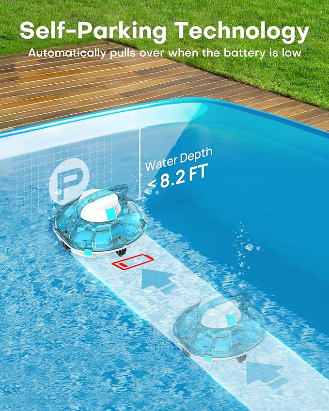 (2026 Upgrade) Cordless Robotic Pool Cleaner, Lasts 80 Min, Automatic Vacuum for Above-Ground Pools up to 645 Sq.ft,Portable, Self-Parking (Transparent Blue)