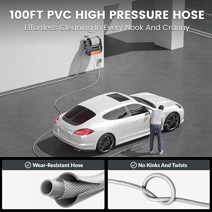 Giraffe Tools Grandfalls Retractable Wall Mounted Pressure Washer Pro, 3700 PSI, 1.6 GPM Electric Power Washer, Automatic Rewind, 100ft Pressure Hoses, 5 Nozzles for Cars/Fences/Patios, Dark Silver