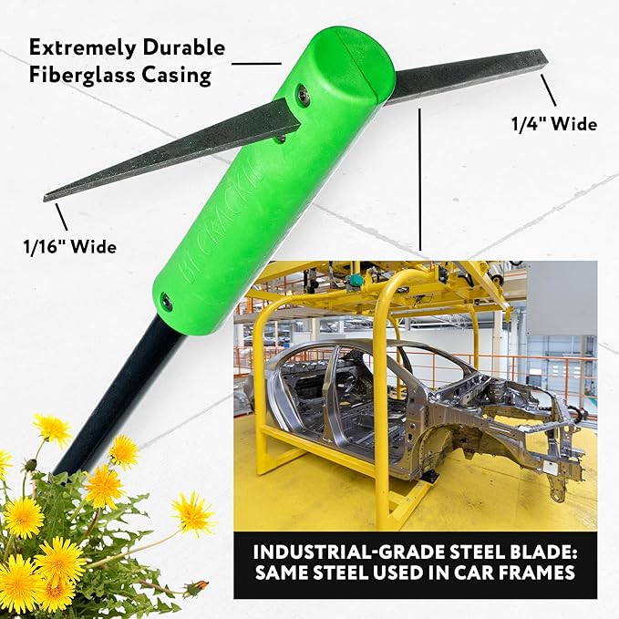 BICRACKIE Stand-Up Crack Weeding Tool with 60" Steel Pole; Steel Blade with 2-Sized, 5" Tapered Ends for Driveways, Patios, Sidewalks, Pavers to Remove Weeds Easily; Made in USA