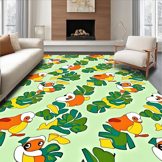 Flatwoven High Traffic Area Rug 5x7, Playful Duckling Adventure with Interlocking Leaf Design, Non Slip, Stain Resistant, Washable Area Rugs for Living Room, Bedroom (Green, 5x7)