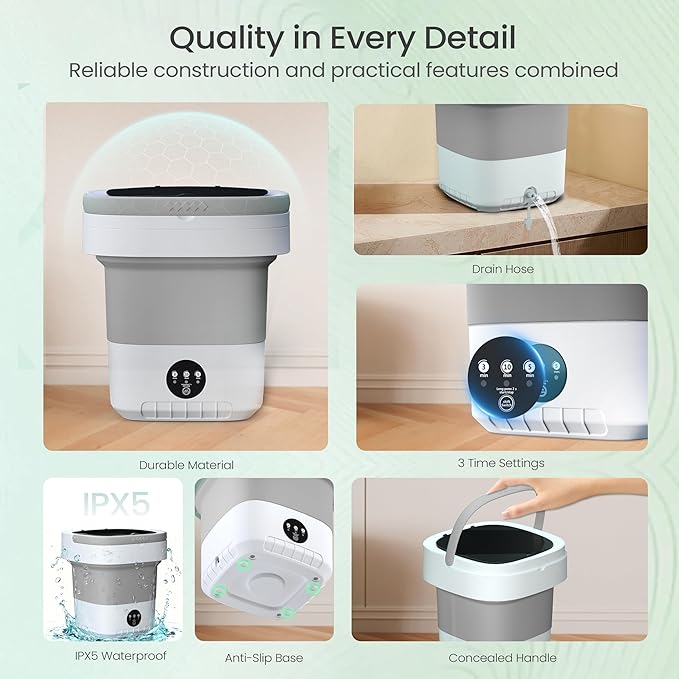 Portable Washing Machine - 16L Mini Foldable Washer with Spin Basket, 3 Cleaning Modes & Deep Cleaning for Small Clothes, Collapsible Laundry for Apartment, Home, Hotel and Travel (Gray)
