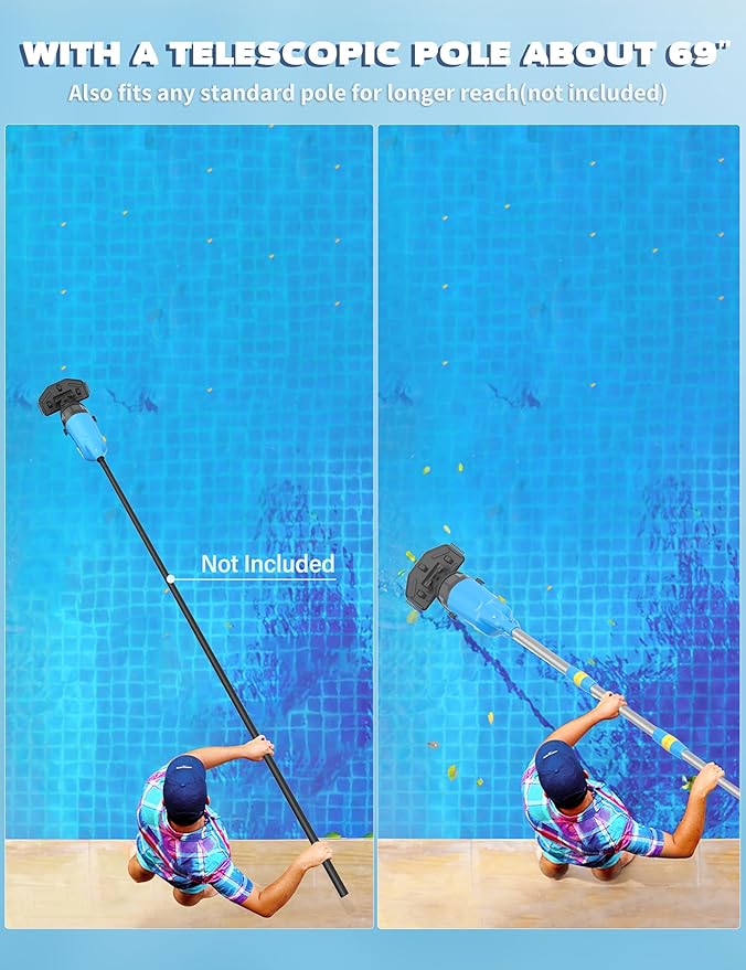 Cordless Pool Vacuum Cleaner for Above Ground Pool & In Ground Rechargeable Pool Vacuum Cleaner - 90 Mins Runtime, with 69" Telescopic Pole, Spa Vacuum for Hot Tub- Fast 3H Charge (Blue)