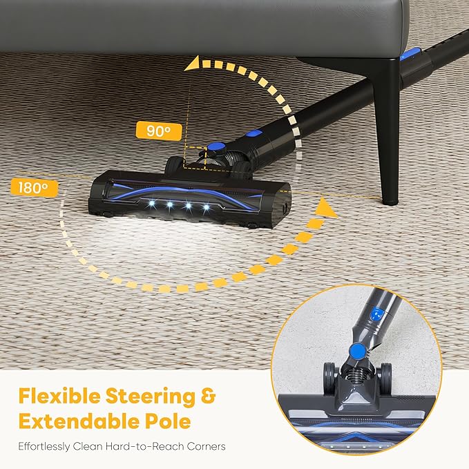 OLIXIS Cordless Vacuum Cleaner with Flexible Steering & Extendable Pole,3 Brush Heads, Lightweight Wireless Rechargeable Upright Vacuum with LED Light & Wall Mount for Hardwood Floors & Carpet