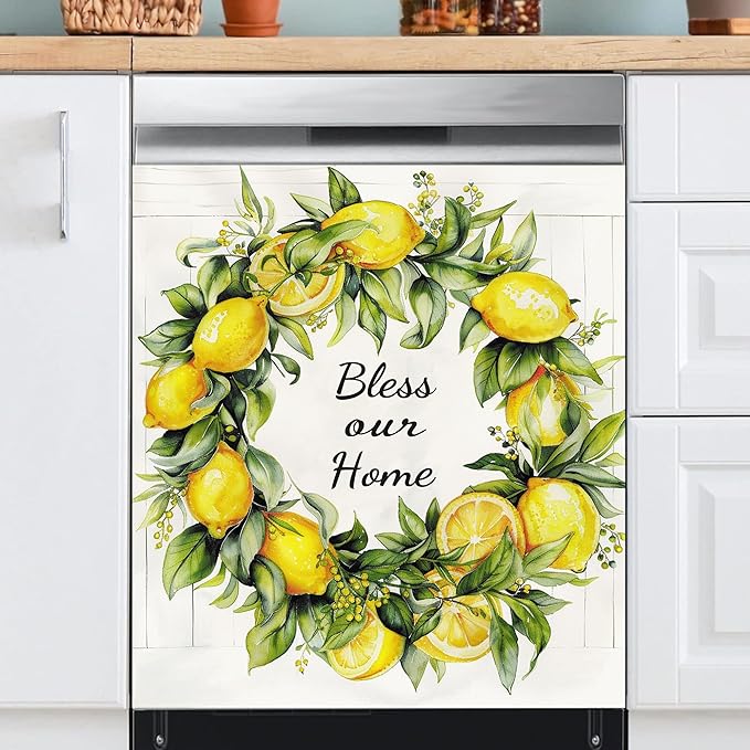 Generic Lemon Wreath Dishwasher Magnet Covers, Bless Our Home Fruits Painting Dishwasher Door Season Decorative Magnetic Stickers, 23x26 Floral Panel Decals for Kitchen Decor Refrigerator
