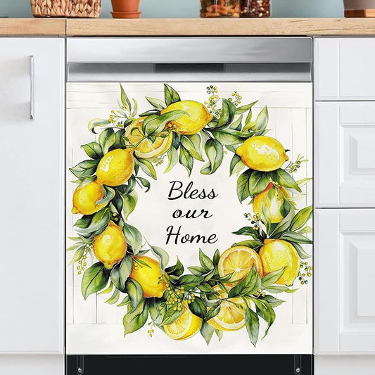 Generic Lemon Wreath Dishwasher Magnet Covers, Bless Our Home Fruits Painting Dishwasher Door Season Decorative Magnetic Stickers, 23x26 Floral Panel Decals for Kitchen Decor Refrigerator