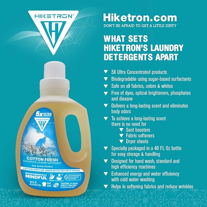Hiketron Cotton Fresh Liquid Laundry Detergent, 5x Ultra Concentrated, Tough Stains Remover, Long Lasting Scent (40 Fl Oz, Pack of 1)