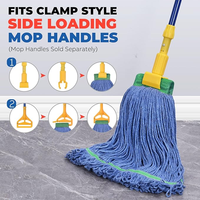 Onesimus 28 oz Heavy Duty Mop Head Replacement, 5 Inch Headband for Quick Change Handle, Blue Loop-End Cotton Blend String Wet Dry Floor Mop Refill, X-Large Size, Case Pack of 12 Pcs