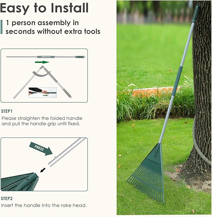 Garden Rake, 22" Leaf rakes with Foldable Lightweight Steel Handle, 22 Tines Plastic Yard, Folding Shrub Rake for Lawns, Grass, Flower Beds Leaves Cleaning
