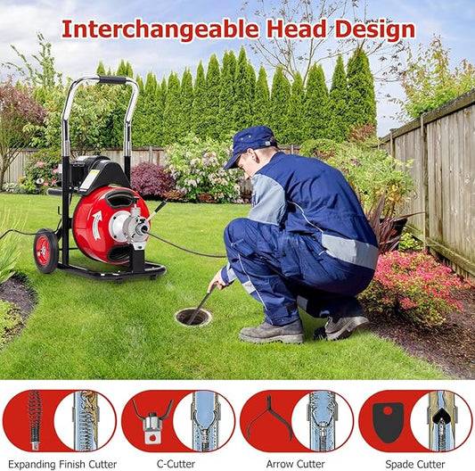 Drain Cleaner Machine 100FT x 3/8 Inch, Plumbing Auger Snake with Auto Feed, 8 Cutters, Foot Switch & Wheels, Portable Sewer Cleaning Tool for 1"-4" Pipes, Home and Bathroom Maintenance