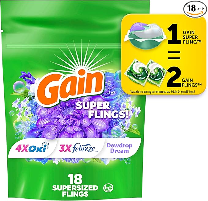 Gain Super Flings Laundry Detergent Pacs, 18 Count, Dewdrop Dream scent, irresistibly clean and fresh washing detergent laundry soap pacs