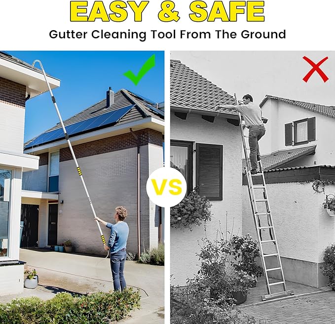 Gutter Cleaning Tools from Ground, 12FT Telescoping Pole (20FT Reach) - Heavy-Duty Zinc Alloy Head, 360° Spray Nozzle & Leak-Proof Kit, No Ladder Needed for Roof Gutters