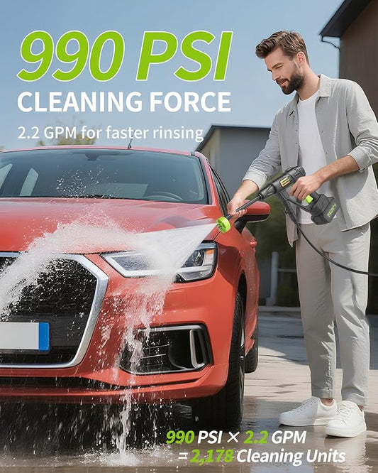 Cordless Portable Washer, Handheld Washer, Battery Operated Washer for Car Home Outdoor Patio Garden, Lightweight Car Washer, Washer with Foam Pot, Cleaner with 23FT Elastic Hose (PowerGreen)