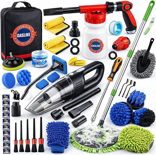 GASLIKE 63PCS Car Wash Cleaning Kit,Car Wash Brush with Long Handle,Car Detailing Kit with Foam Gun,Car Cleaning Supplies,Handheld Vacuum, Car Detailing Kit (63PCS)
