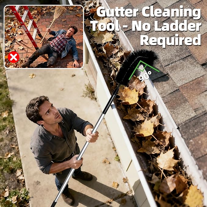 13 FT Gutter Cleaning Tool, Roof Gutter Brush, Clear Leaves from Roof Gutters Without a Ladder, Includes 2 Cleaning Brushes & Black