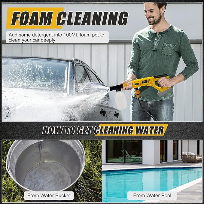 Cordless Portable Cleaning Tool Compatible with DeWalt 20V Battery, 800 PSI Brushless Handheld Cleaner Tool with 6 in 1 Nozzle, 16.4ft Hose, for Car, Garden, Floor, Fence Cleaning (NO Battery)