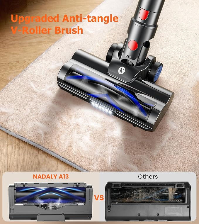 NADALY Cordless Vacuum Cleaner, 500W 40KPa Self-Standing Stick Vacuum with 45-Min Runtime, Anti-Tangle V-Shaped Brush, 1.5L Large Dust Cup, Lightweight for Hardwood Floor Carpet Pet Hair