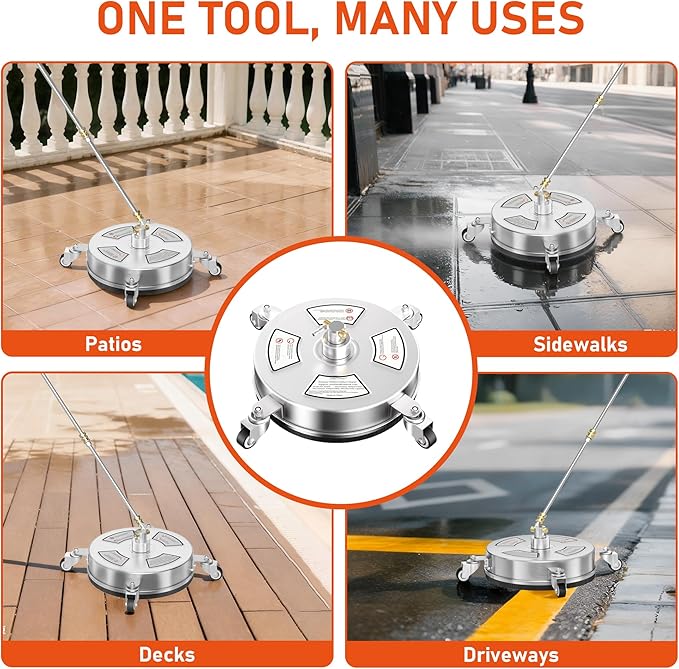 14" Pressure Washer Surface Cleaner with 4 Wheels, 4000 PSI Max Stainless Steel Surface Cleaner for Pressure Washer, 2 Extension Wands, 1/4" Quick Plug, for Concrete, Patio, Sidewalk, Deck