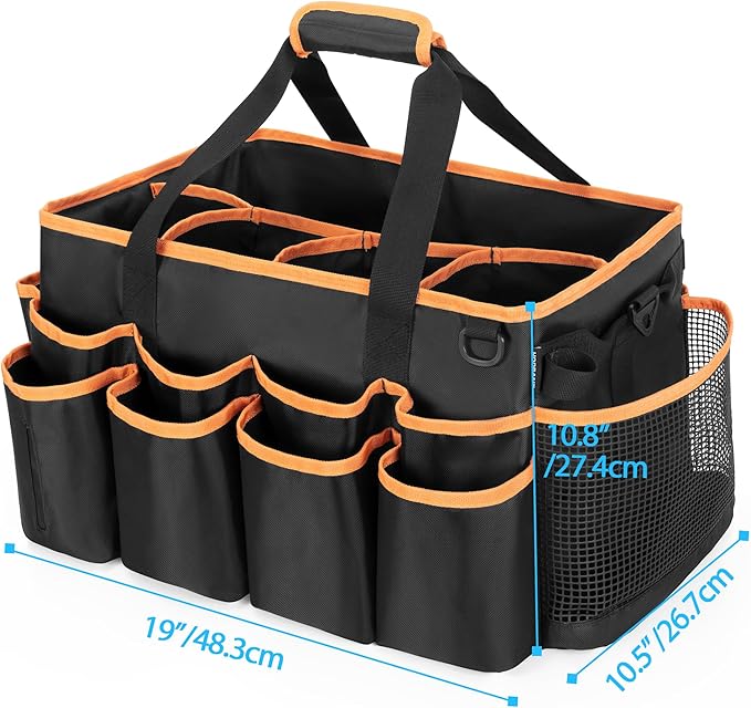 Extra-large Wearable Cleaning Caddy, Organizer Bag for Housekeeper with Pad, Handle & Divider, Car Wash Tools Bag for Detailing Supplies, Orange Edge