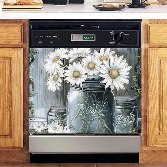 Country Daisies Dishwasher Magnet Cover for The Front, Still Life White Flowers Reusable Magnetic Dishwasher Sticker, Vintage Vase Floral Kitchen Appliances Panel Decal (23" x 17" Magnetic)