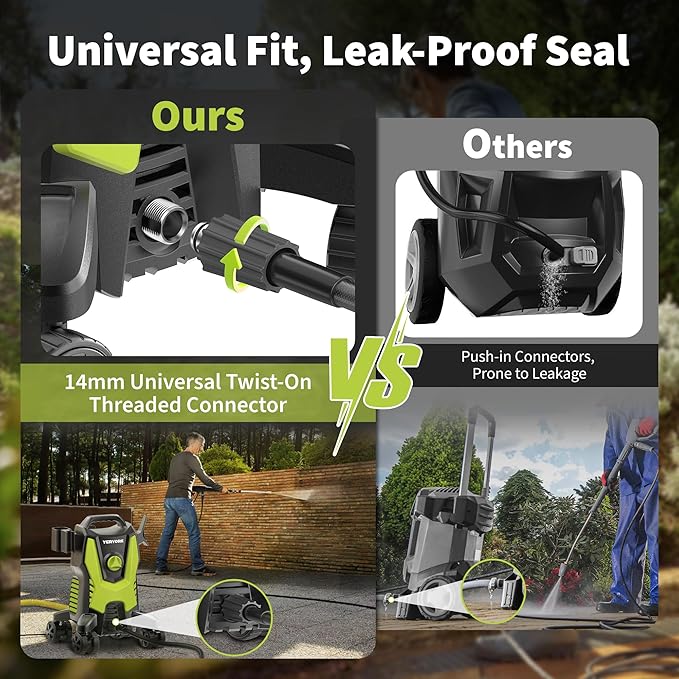 Yeryork Pressure Washer, Power Washer with 4 Lockable Wheels, Steel Wand, 4 Quick Connect Nozzles, 500ml Foam Cannon, High Pressure Washer for Decks/Driveways/Cars Cleaning