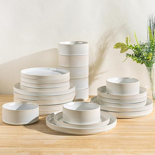TheTerra Ceramic Dinnerware Sets for 8, 24 Pieces Porcelain Lightweight Plates and Bowls Sets, Scratch Resistant Dish Set, Oven & Microwave & Dishwasher Safe, Cappuccino White