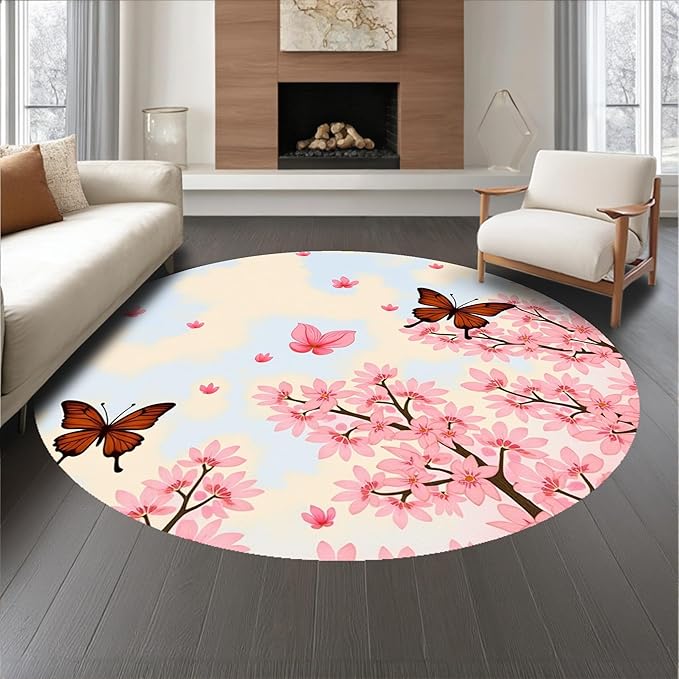 Flatwoven High Traffic Area Rug 8, Exquisite Springtime Blossom Shower Curtain Matching Suite, Non Slip, Stain Resistant, Washable Area Rugs for Living Room, Bedroom (Pink, 8)