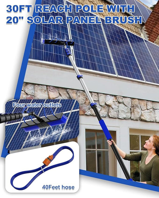 30Ft Reach Solar Panel Cleaning Brush Kit with 5-24ft Telescoping Pole, Water Fed Window Cleaner Tool with 20" Brush, Soap Dispenser, Cobweb Duster, Squeegee for Roof, CV, Gutter, Boat, Deck