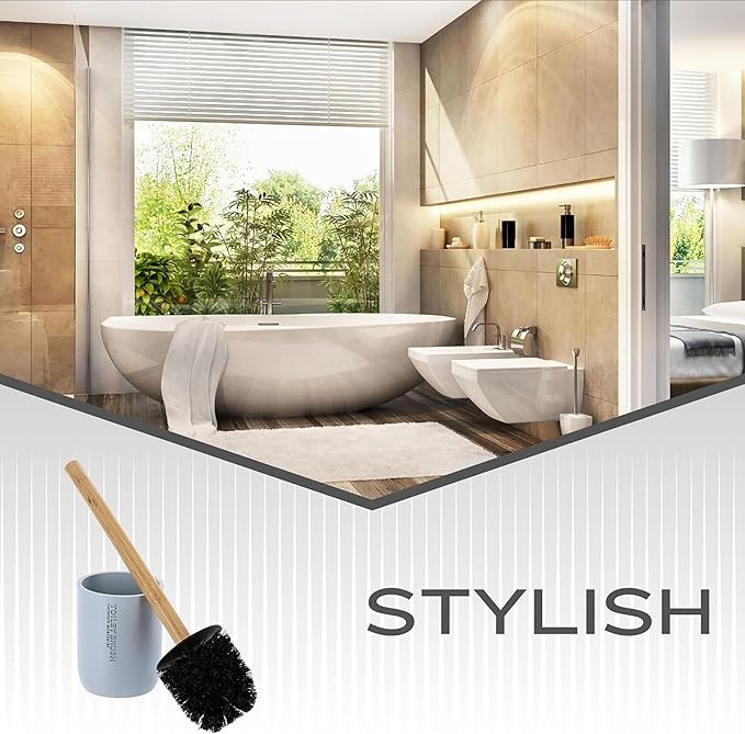 Compact Light Blue Toilet Brush and Holder Set with Natural Bamboo Handle - Durable Toilet Bowl Brush for Deep Bathroom Cleaning
