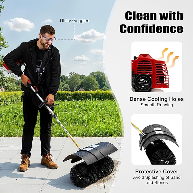 52cc 2 Stroke Gas Handheld Sweeper, 2.3HP Engine Power Snow Sweeping Broom Driveway Turf Lawns Artificial Grass Power Brush, Lawn Sweeper Cleaner Tools