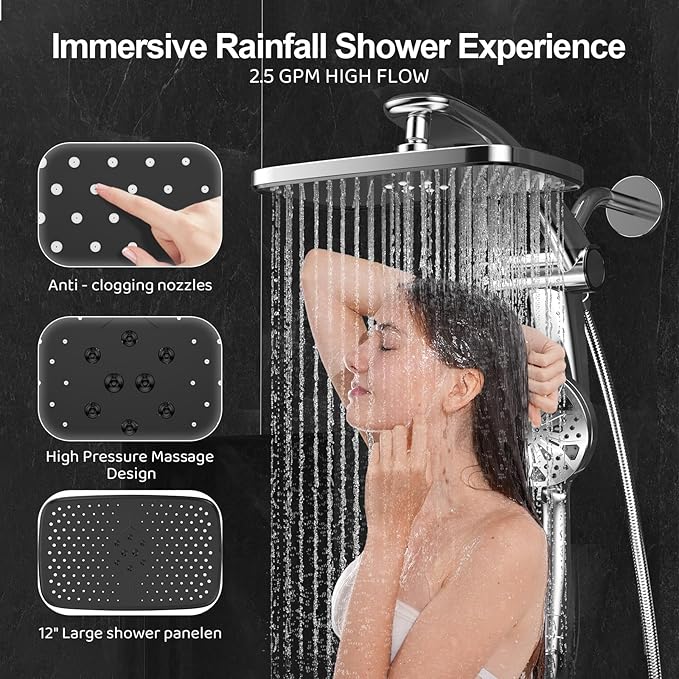 Rain Shower Head with filtered Handheld High Pressure rainfall Shower Heads with Handheld Spray Combo Adjustable one-piece stand daul shower head Built-in Magnetic Docking and Power Jets