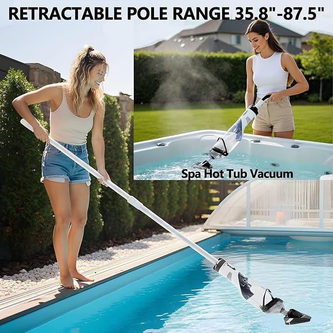 Handheld Spa Hot Tub Vacuum- Cordless Above Ground Pool Cleaner with 60" Extendable Pole, 60 Mins Running Time, 19 Gallons/Min Powerful Suction, Ideal for Cleaning Debris and Sand Underwater