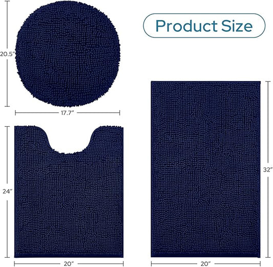 BYSURE Navy Blue Bathroom Rugs Sets 3 Piece with Toilet Lid Cover Non Slip Extra Absorbent Plush Chenille Soft Washable Bath Mats