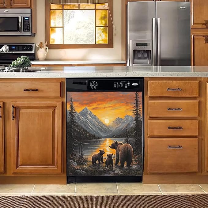 Lake Sunset Reflection Brown Bear Dishwasher Magnet Cover, Creative Kitchen Appliances Panel Decorate Refrigerator Front Door Magnets Decals 23" W x 26" H