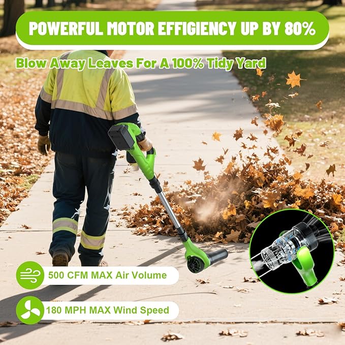 Leaf Blower Cordless, 40V Electric Leaf Blower Cordless with 2 Batteries, Adjustable 300° Multi-Angle Rotation Nozzle 3 Speed Modes 500CFM/180MPH for Lawn Care, Patio, Dust, Leaves, Yard, Car, Gutter