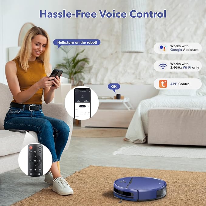 Robot Vacuum and Mop Combo, 2 in 1 Robot Vacuum Cleaner with WiFi/App, Smart Robotic Vacuums with Strong Suction, Schedule, Self-Charging, Slim, Quiet, Ideal for Hard Floor, Pet Hair, Low Pile Carpet