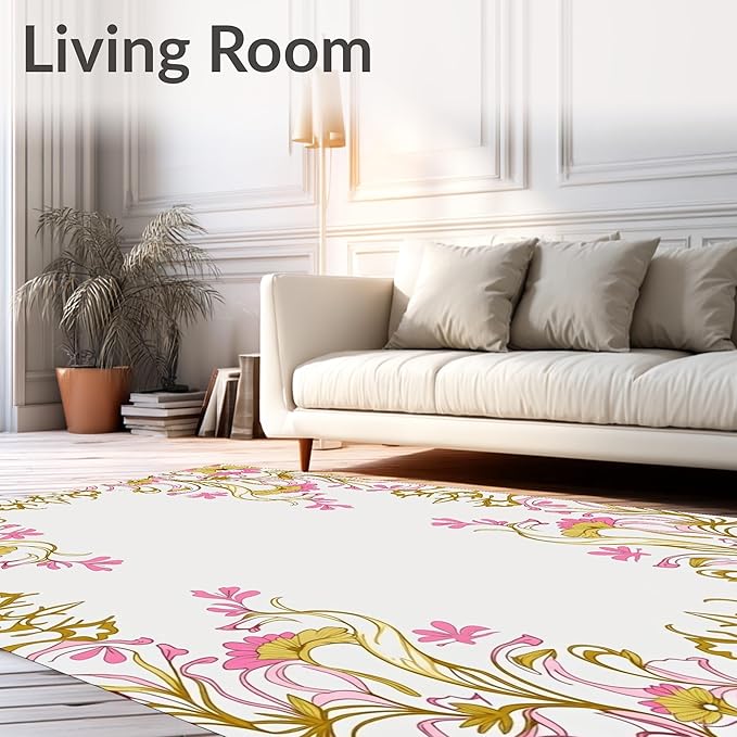 Flatwoven High Traffic Area Rug 2x3, Serene Meadow Flourish with Elegant Trails and Stylized Blossom Accents, Non Slip, Stain Resistant, Washable Area Rugs for Living Room, Bedroom (Pink, 2x3)