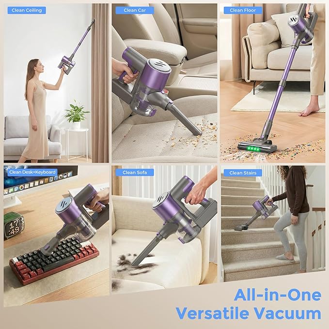 Vacuum Cleaners for Home,Cordless Vacuum Cleaner,Lightweight Stick Vacuum Cordless Rechargeable,Self-Standing Design,LED Touch Screen,Vacuum for Hardwood Floors,Carpet,Pet Hair(Mulberry Purple)