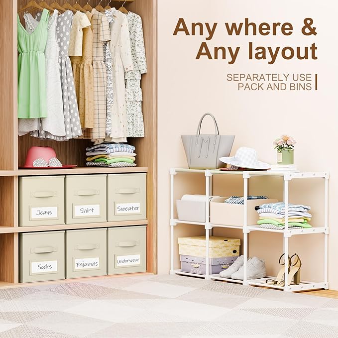 Geelin 6 Sets Cube Storage Organizer Bins with Shelf & Labels 11 Inch, Fabric Collapsible Cubby Toys Clothes Storage Drawer Unit for Daycare Nursery Playroom Bedroom Dorm Organizer (Khaki)