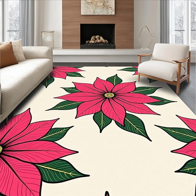 Flatwoven High Traffic Area Rug 3x5, Holiday Poinsettia Bathroom Festive Winter Floral Shower Curtain, Non Slip, Stain Resistant, Washable Area Rugs for Living Room, Bedroom (Pink, 3x5)