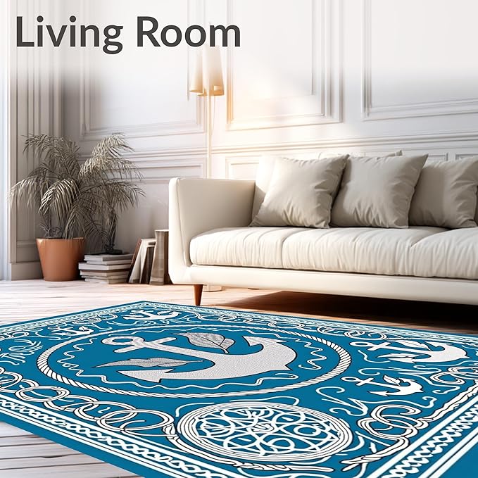 Flatwoven High Traffic Area Rug 3x5, Sailing Ship Anchor Rope Knot Marine World Foam Trio, Non Slip, Stain Resistant, Washable Area Rugs for Living Room, Bedroom (Blue, 3x5)
