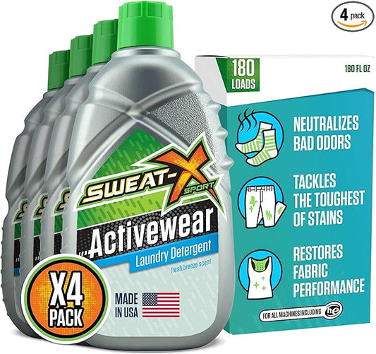 SWEAT X Original Activewear Laundry Detergent Liquid - Natural Washing Detergent for Activewear & Gym Clothes - Non Toxic Laundry Detergent for Sensitive Skin - Concentrated, 45 Loads (4 Bottles)