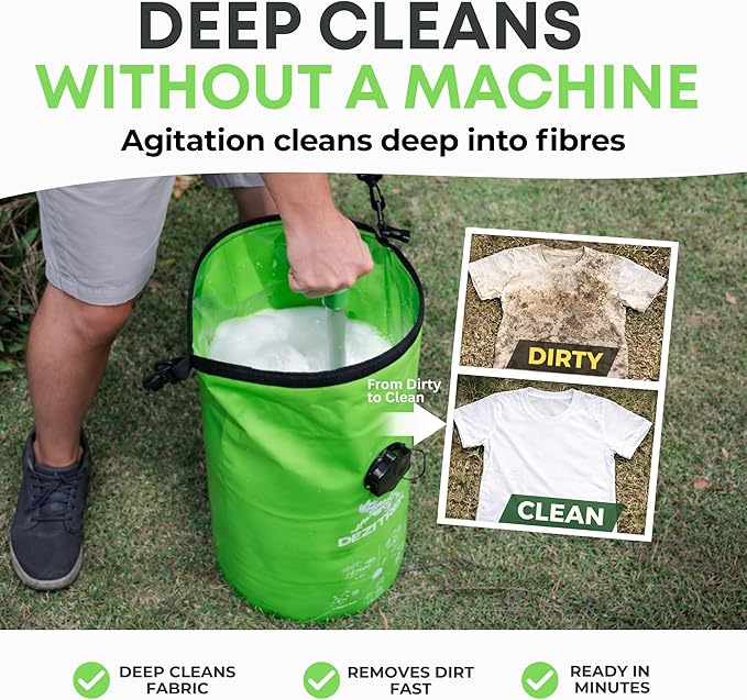 One Hand Wash Bag and Plunger Set - Off Grid Washing Machine Non Electric for Camping Travel | Eco Friendly Portable Manual Clothes