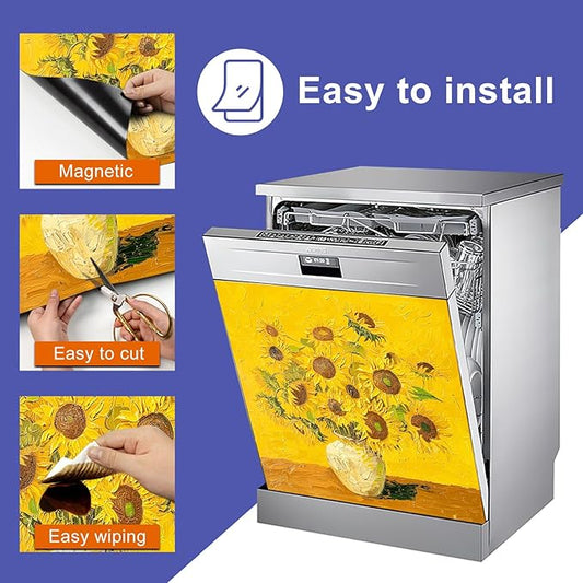 Dishwasher Magnet Cover 23x26 in Oil Painted Classic Sunflower Bouquet in White Vase Dishwasher Cover for Kitchen Appliance Decoration Front Panel Sticker Rustic Art Skin Panel Home Decor