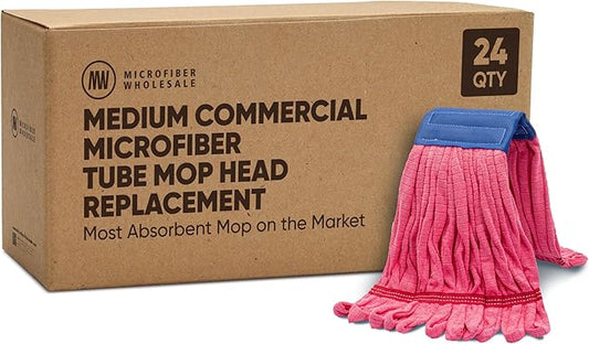 Bulk Commercial Mop Head Replacement (24 Count) - Medium Microfiber Tube Mop (14 oz.) | Industrial Wet Mops | Refill, Machine Washable, Heavy Duty | Hardwood, Tile, Laminate, Vinyl Floors (Red)