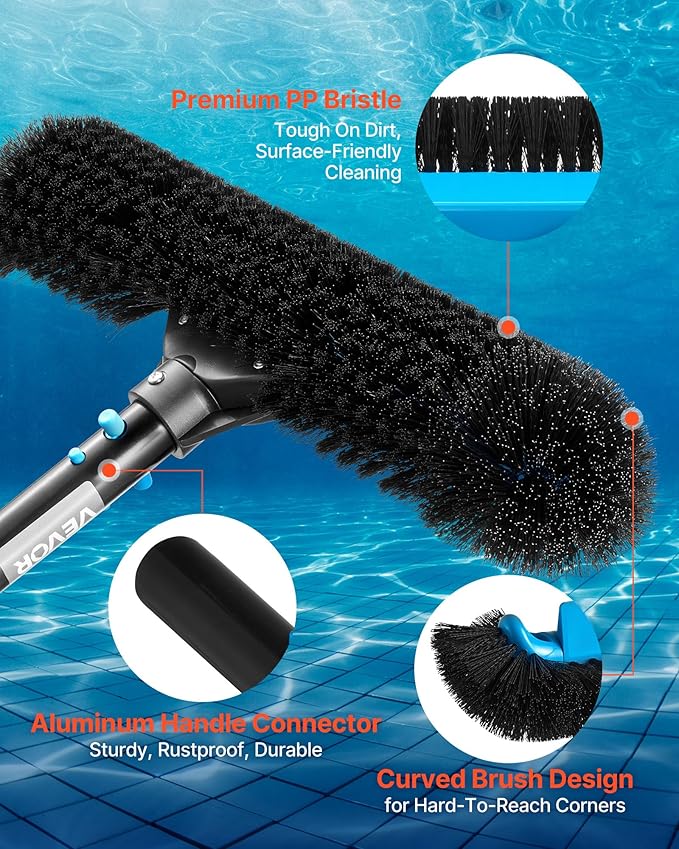 VEVOR Pool Brush Head, 20 Inch Scrub Brushes with Nylon Bristles and Aluminum Pole Connector, Heavy Duty Curved Brush Head for Cleaning Inground/Above Ground Swimming Pool Walls, Pole Not Included