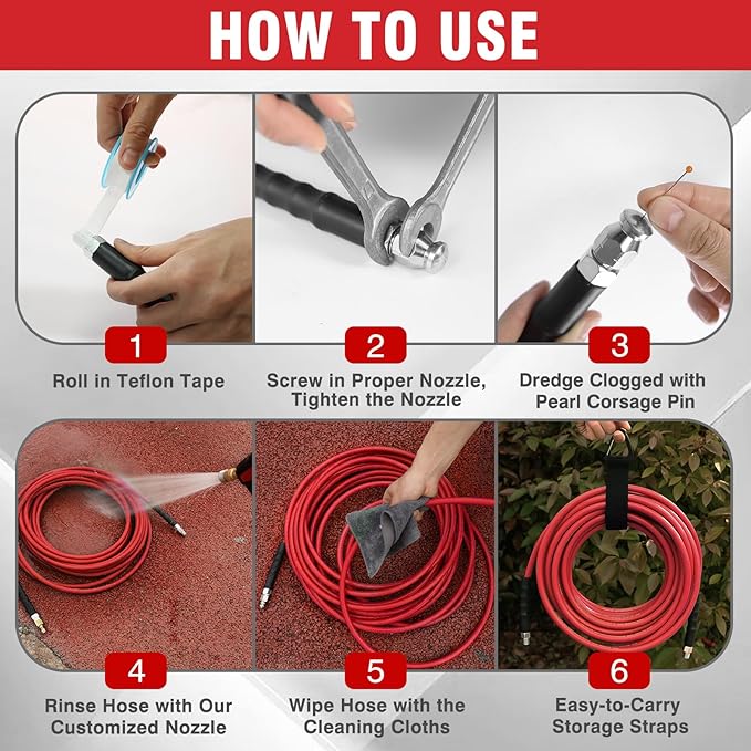 Sewer Jetter Kit 100FT for Pressure Washer, 5800 PSI Drain Cleaner Hose 1/4 Inch NPT with Spray Nozzle, Button Nose and Rotating Sewer Jetting Nozzle, Spanner Teflon Tape Pearl Corsage Pin