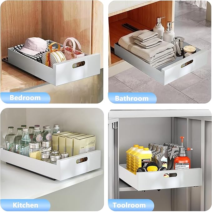 21'' Deep Cabinet Organizer, 10'' Wide Sturdy Carbon Steel Pull Out Drawers for Cabinets Adhesive, Pantry Storage Shelves for Kitchen, Bathroom and Living Room