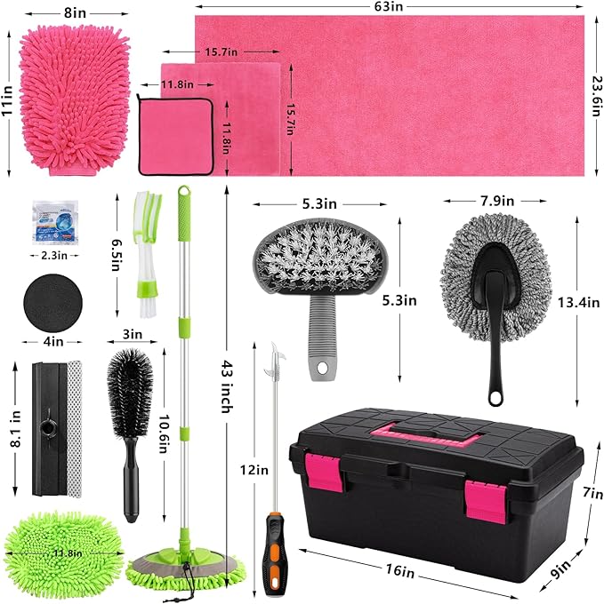 28Pcs Car Cleaning Kit Pink - Car Wash Brush with Long Handle Car Washing Mop, Car Detailing Kit for Cars, Trucks, SUVs, Jeeps